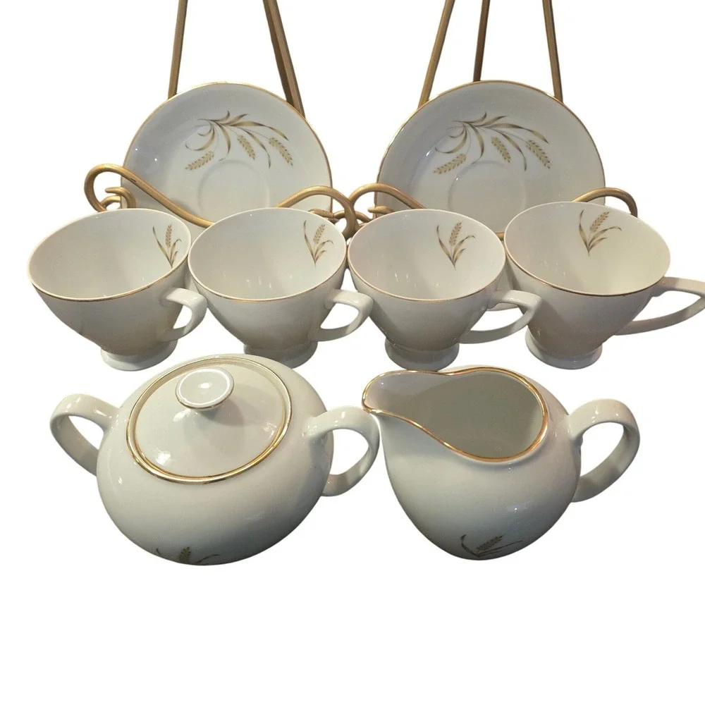 Vintage White Porcelain‎ Golden Wheat Tea Set Sugar Creamer 4 Cups 2 Saucers